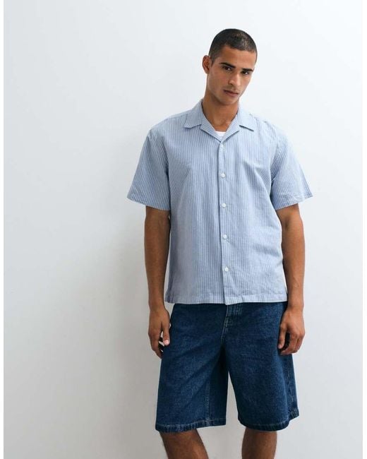 SELECTED Blue Linen Blend Short Sleeve Shirt for men