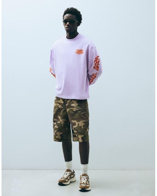 Bershka Purple Long-sleeve Print T-shirt for men