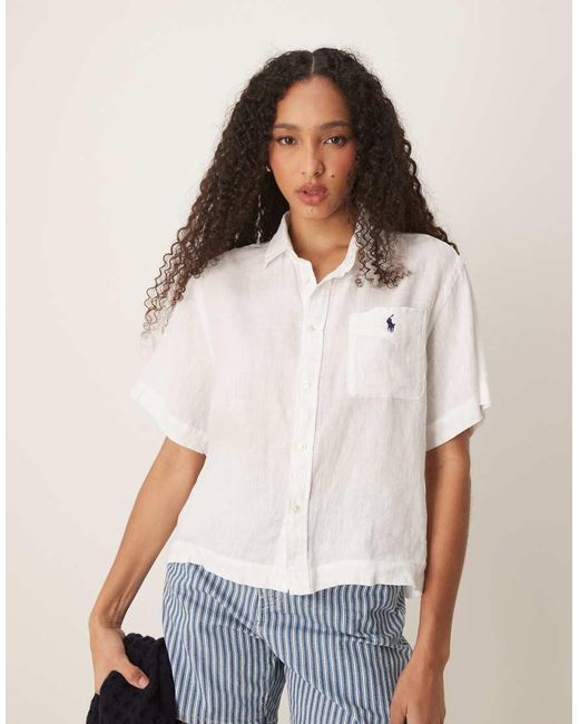 Polo Ralph Lauren White Cropped Short Sleeve Linen Shirt