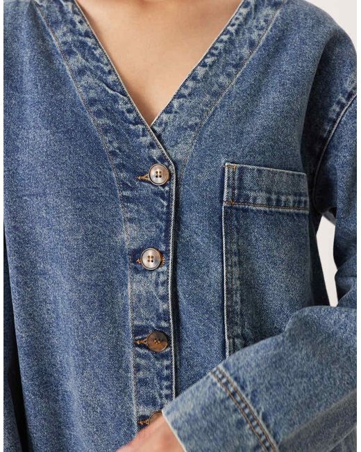 ASOS Blue Denim Boxy V Neck Shirt Dress With Pocket