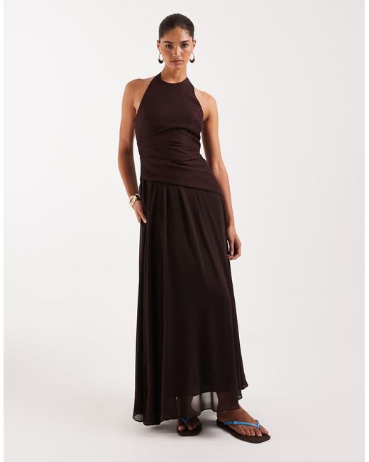 Forever New Brown Linen Blend Sleeveless Chiffon Skirt Maxi Dress