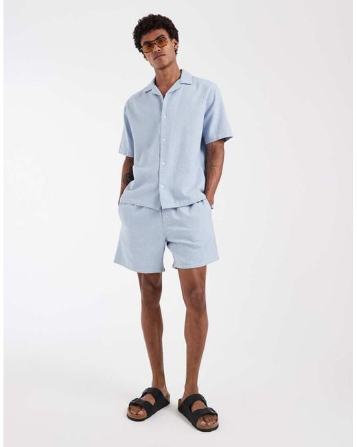 ASOS Blue Relaxed Camp Collar Waffle Shirt for men