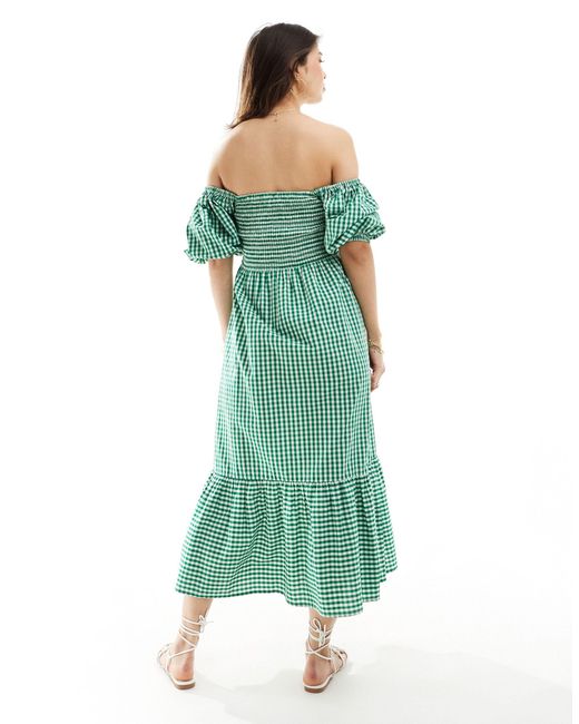 esmé studios Green Esmee Off Shoulder Puff Sleeve Gingham Ruched Bust Maxi Beach Dress