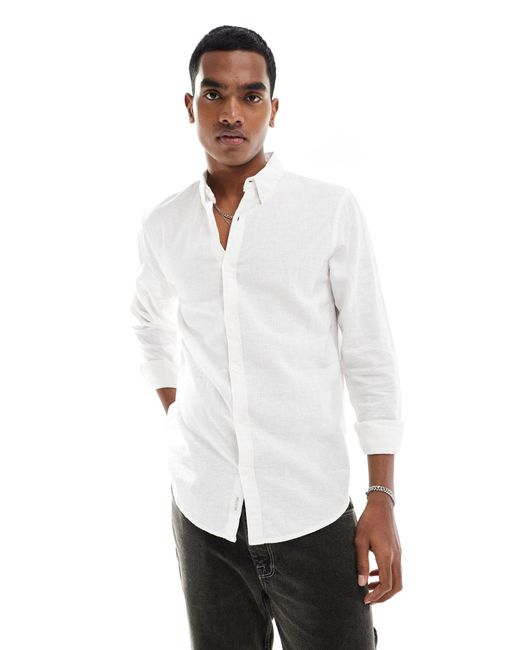 Hollister – langärmliges hemd aus leinenmix in White für Herren