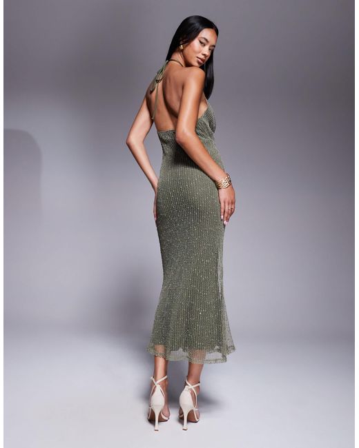 ASOS Gray Crochet Sequin Halter Maxi Dress With Cut Out