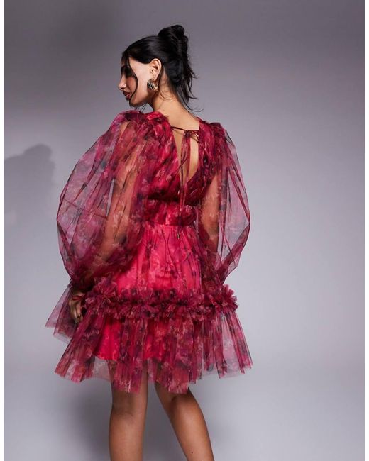 LACE & BEADS Mini-Jurk Met Organza, Bloemenprint En Ballonmouwen in het Red