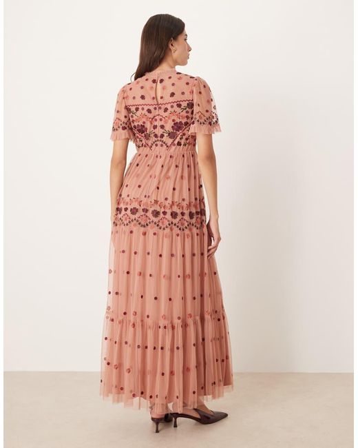 Maya Pink Embroidered High Neck Maxi Dress