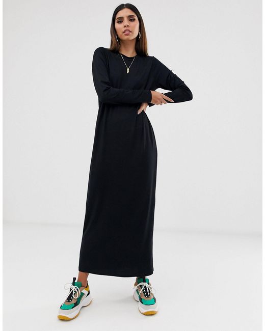 ASOS Synthetic Long Sleeve Maxi T-shirt Dress in Black | Lyst