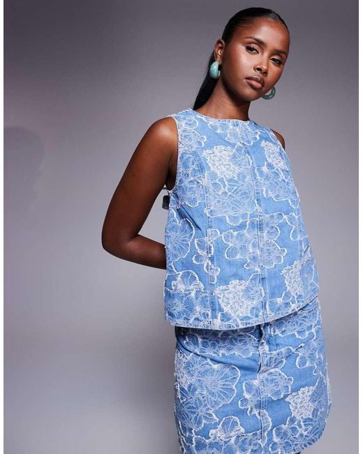 River Island Blue Floral Denim Top