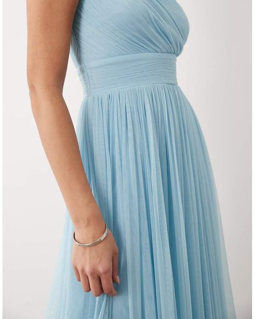 LACE & BEADS Blue Bridesmaid Tulle One Shoulder Fitted Waist Maxi Dress