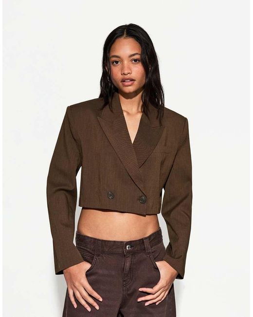 Bershka Brown Double Breasted Boxy Fit Blazer