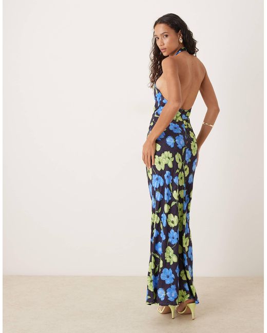 Mango Blue Tie Front Halterneck Maxi Dress