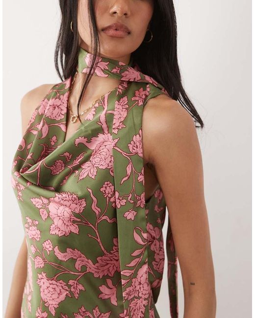 Hope & Ivy Natural Satin Cowl Neck Scarf Maxi Dress