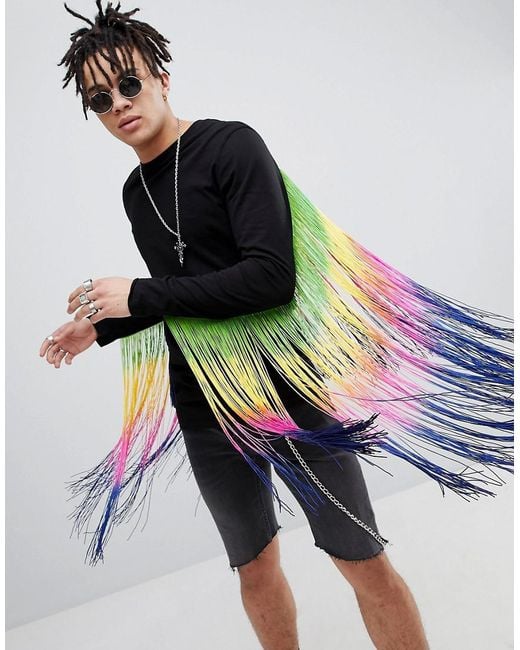 ASOS Black Festival Longline Long Sleeve T-shirt With Extreme Rainbow Fringe Back for men