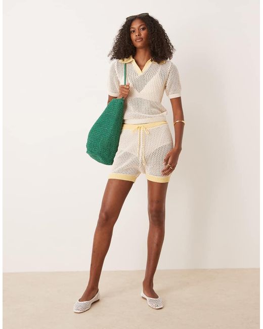 ASOS White Co-ord Knitted Open Stitch Contrast Trim Polo Top