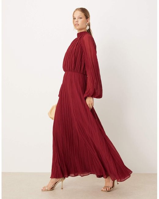 ASOS Red High Neck Crinkle Maxi Dress With Blouson Sleeve