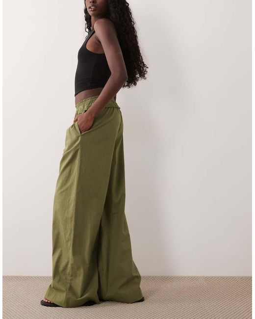 ASOS Green Shirred Waist Linen Blend Pull On Trousers