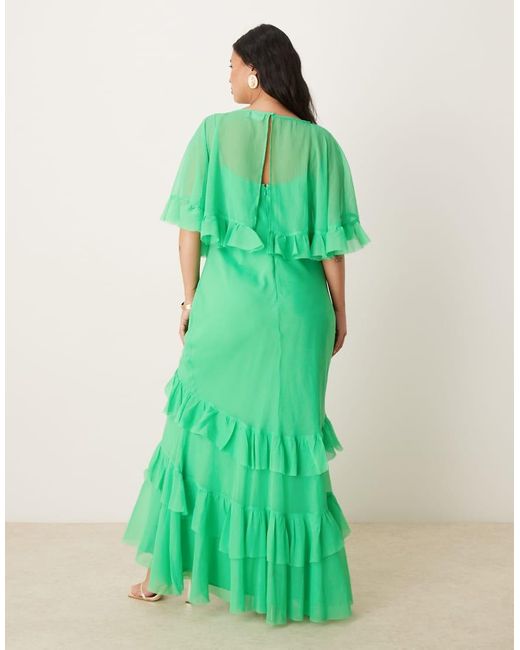 Vestido Largo Verde Luminoso De Corte Al Bies Con Volantes Y Detalle Estilo Capa De Asos Design Curve ASOS de color Green