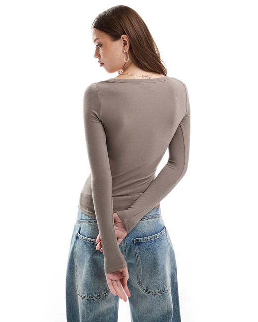Cotton On Gray Staple Rib Scoop Neck Long Sleeve Top