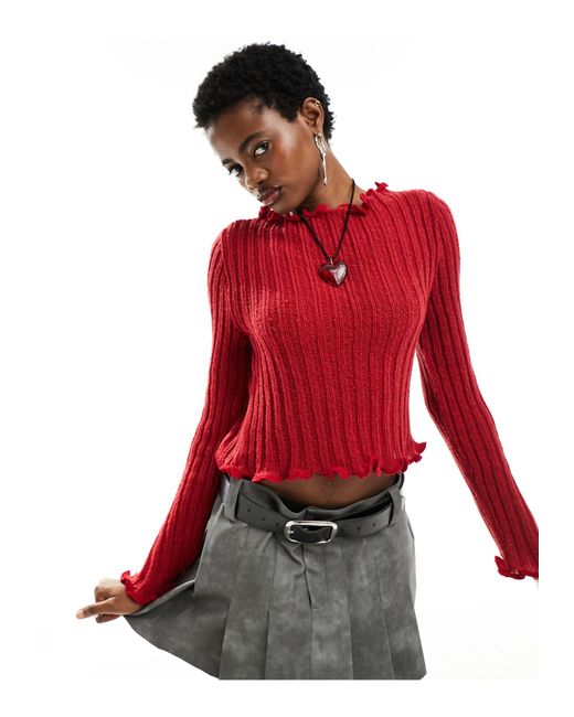 Collusion Red Knitted Slash Neck Jumper