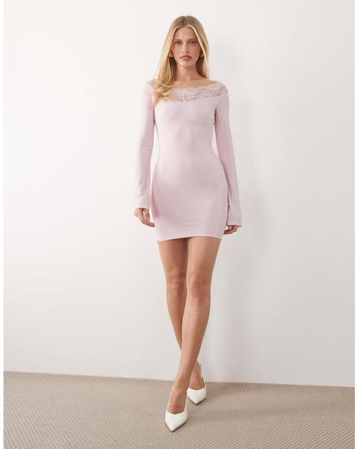 Fashionkilla Pink Exclusive Slinky Lace Trim Bardot Flare Sleeve Mini Dress