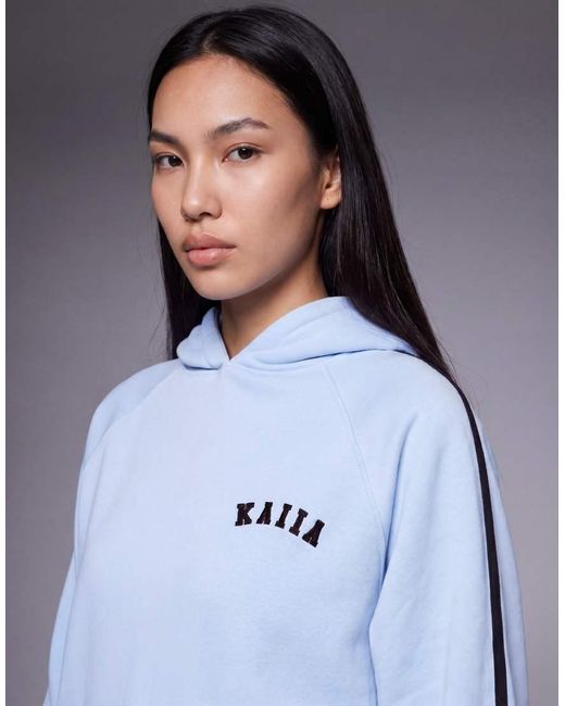 Kaiia Blue Cotton Rich Embroidered Logo Contrast Stripe Detail Oversized Hoodie