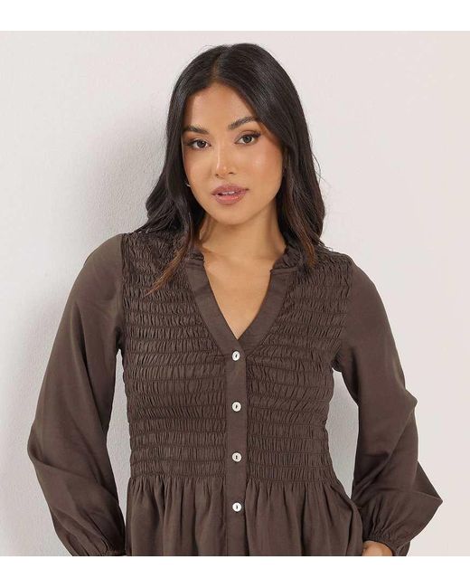 PixieGirl Brown Petite Shirred Long Sleeve Shirt