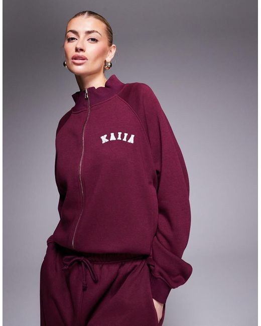 Kaiia Purple Oversized Bomber Zip Through Contrast Logo Sweat Jacket Co-ord