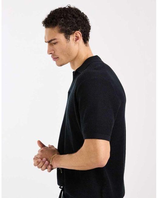 ASOS Black Relaxed Knit Airtex Notch Neck Polo Shirt for men