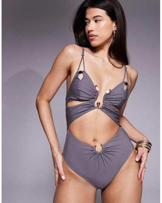 ASOS Gray Lucie Plunge Swimsuit With Cut Out And Resin Trim