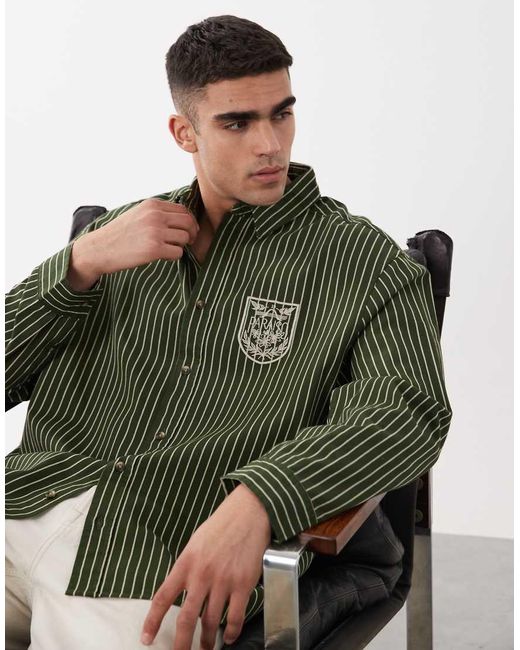ASOS Green Oversized Twill Striped Shirt With Chest Embroidery for men