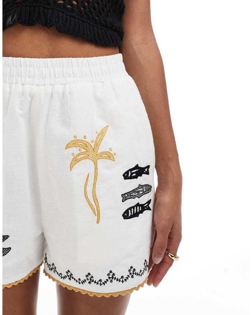 Stradivarius White Co Ord Summer Print Embroidery Short