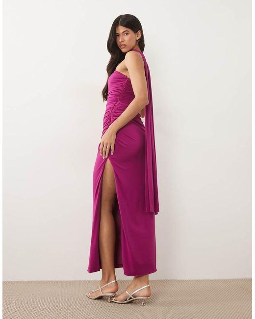 TFNC London Pink Slinky Bandeau Ruched Maxi Dress With Scarf