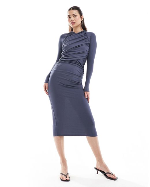 ASOS Blue Ribbed Wrap Bodice Maxi Dress With Long Sleeve