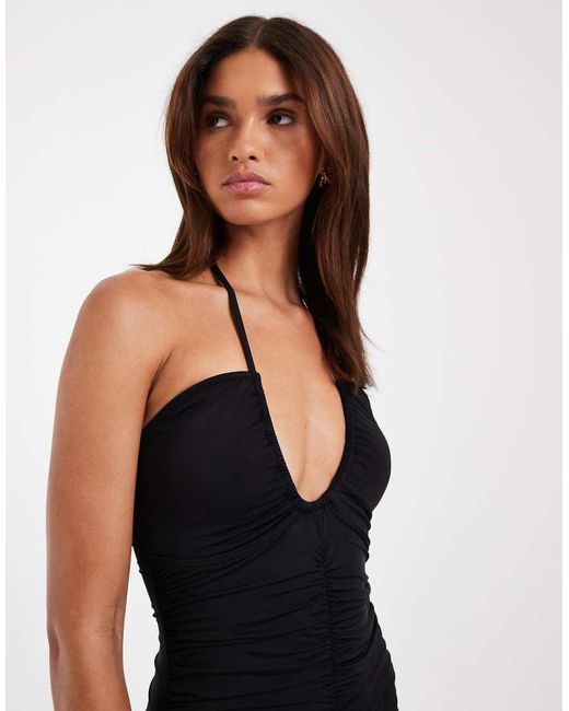 Vero Moda White Plunge Front Halter Neck Ruched Detail Swimsuit