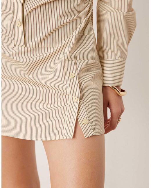 ASOS Natural Cotton Ruched Waist Shirt Mini Dress With Flared Sleeve