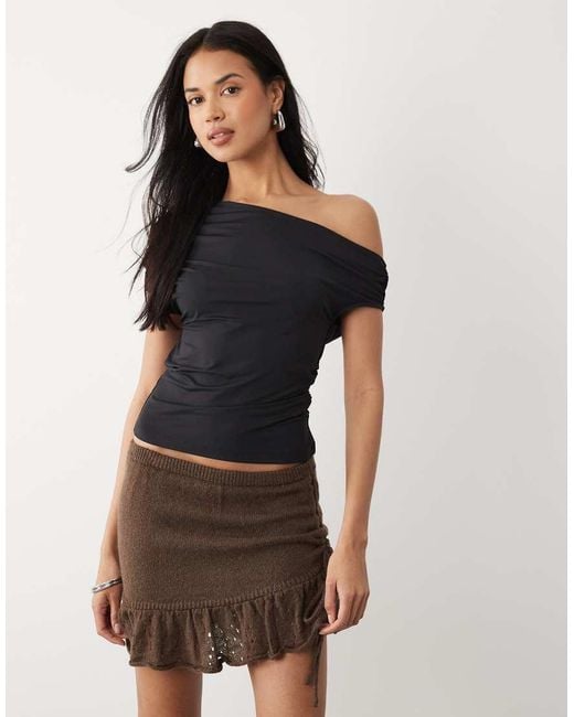 ASOS Black Slinky Ruched One Shoulder Asym Top