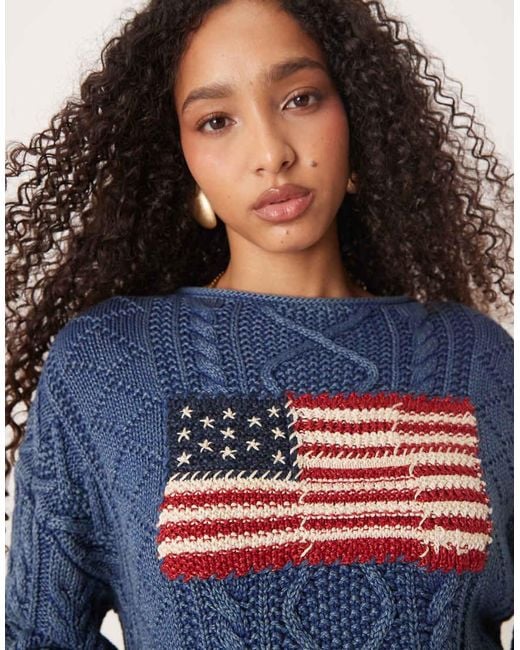 Maglione Lavorato A Trecce Azzurro Con Bandiera di Polo Ralph Lauren in Blue