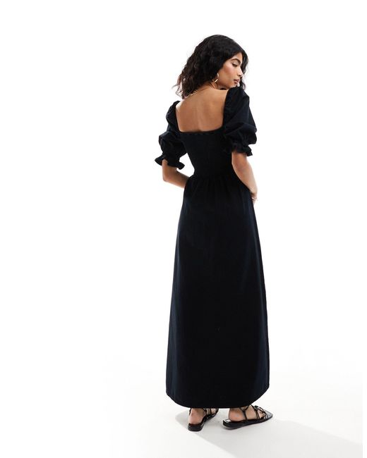 ASOS Black Soft Denim Maxi Dress With Puff Sleeves