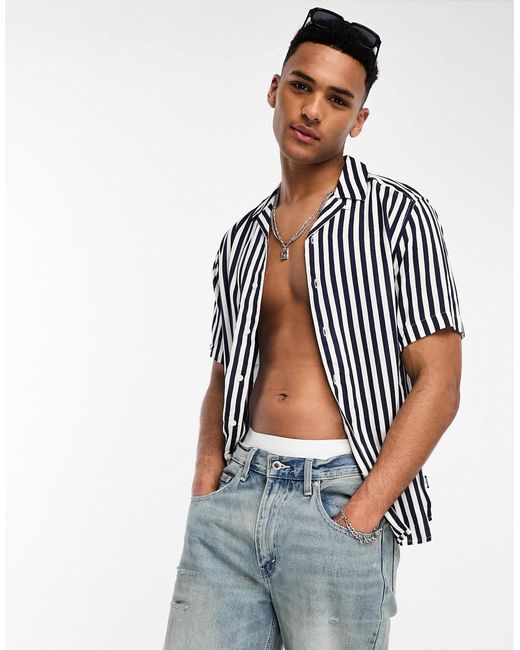 Only & Sons White Revere Collar Stripe Shirt for men