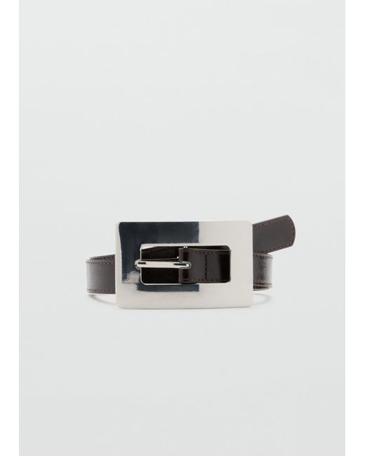 Mango Brown Faux Leather Belt With Oversized Rectangle Silver-tone Buckle