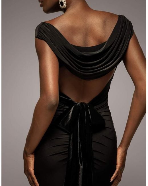 Goddiva Black Open Back Cowl Neck Gathered Maxi Dress With Velvet Tie Back