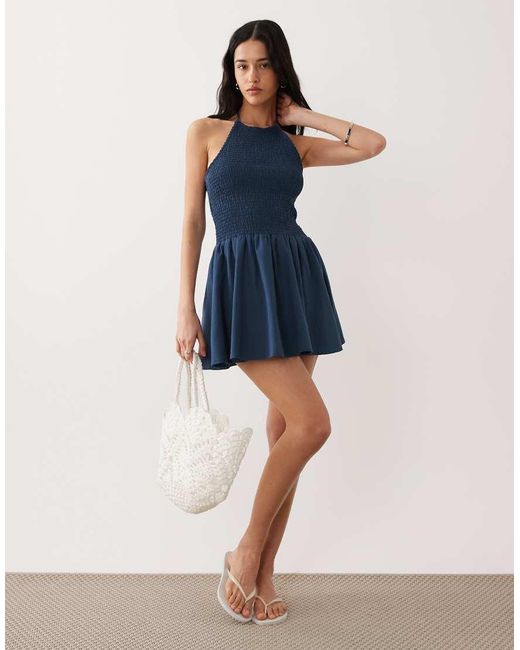 esmé studios Blue Shirred Detail Halter Mini Beach Dress