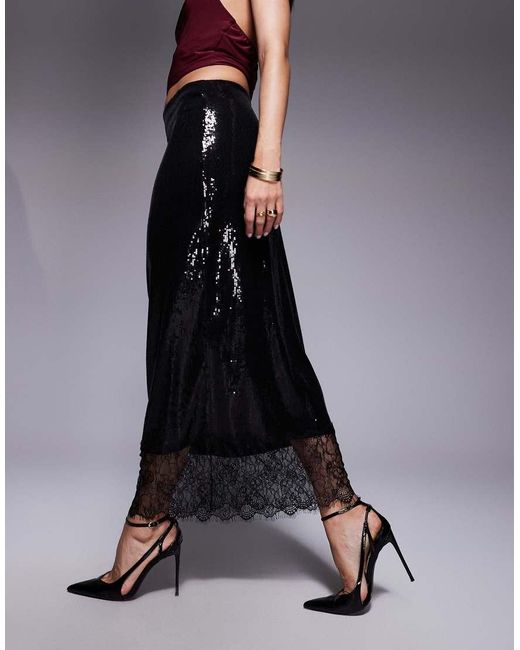 ASOS Blue Sequin Mid-rise Column Skirt With Lace Trim