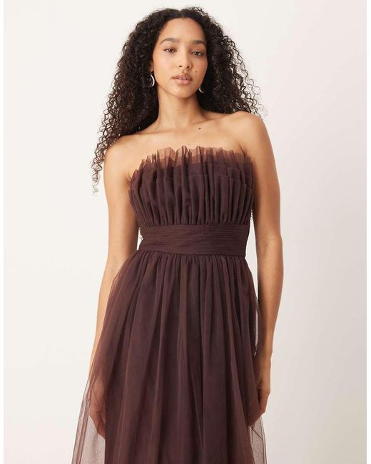 LACE & BEADS Brown Tulle Waistband Bandeau Maxi Dress