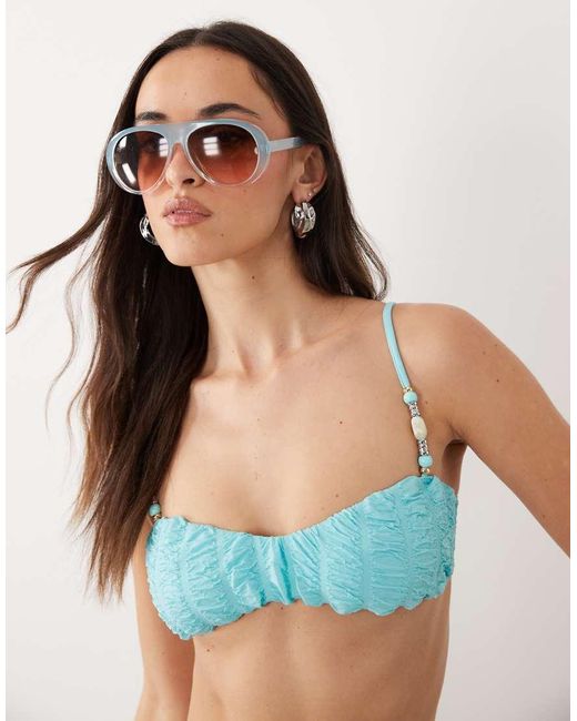 Miss Selfridge Blue Shirred Faux Pearl Detail Bikini Top