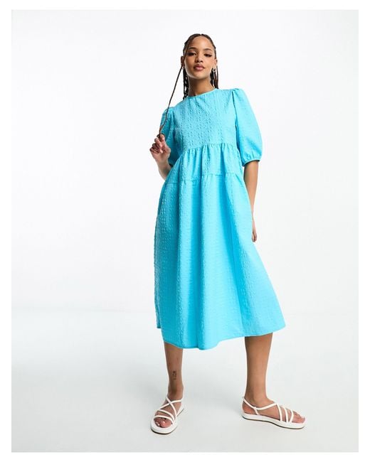 Monki Balloon Sleeve Midi Dress in Blue | Lyst