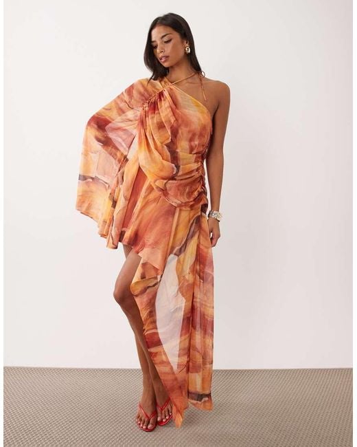 ASOS Orange One Shoulder Asymmetric Chiffon Mini Dress