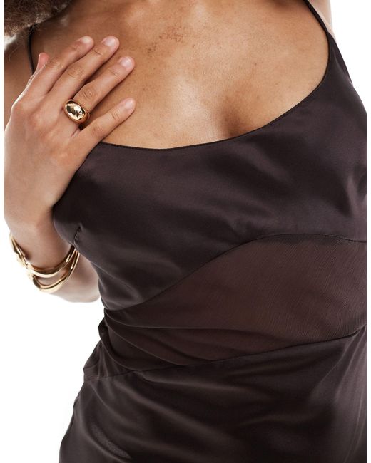 ASOS Brown Satin Midi Dress With Sheer Panel