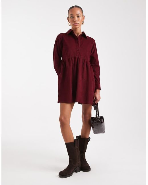 Wednesday's Girl Red Button Through Mini Cord Smock Dress